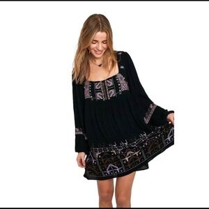 NWT Free People Rhiannon Mini Dress Long Sleeve Embroidered Boho Black Women's S